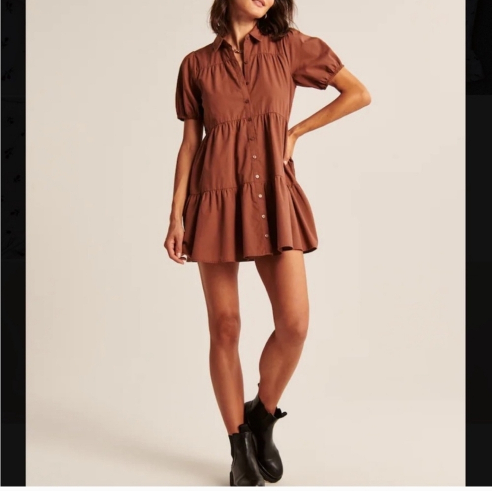 ABERCROMBIE & FITCH brown tiered‎ puff sleeve poplin trapeze mini dress S - Picture 12 of 12